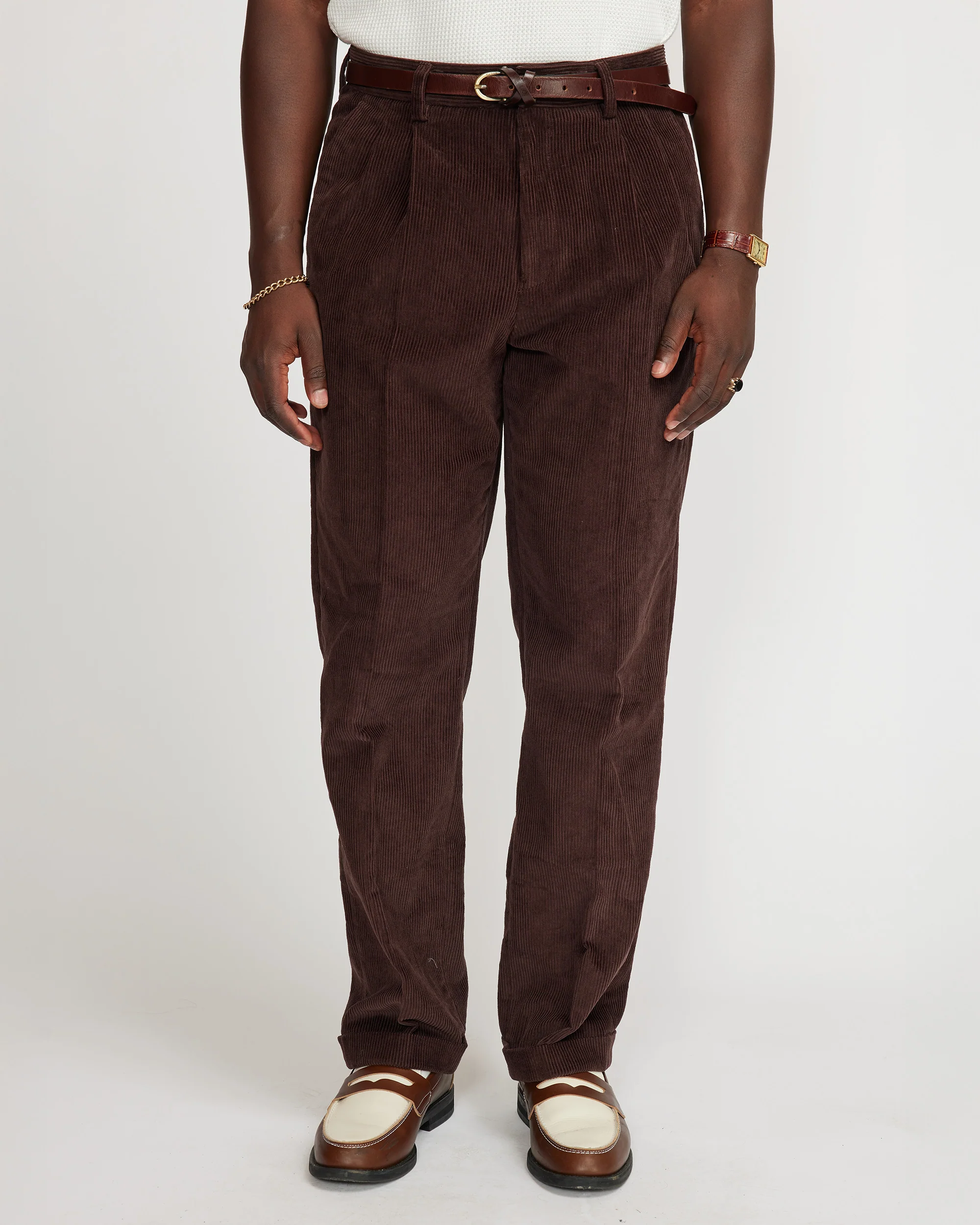 Cord pleated pants - Brown - Image 2